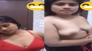 Stripping red bra and nude boobs showing girl